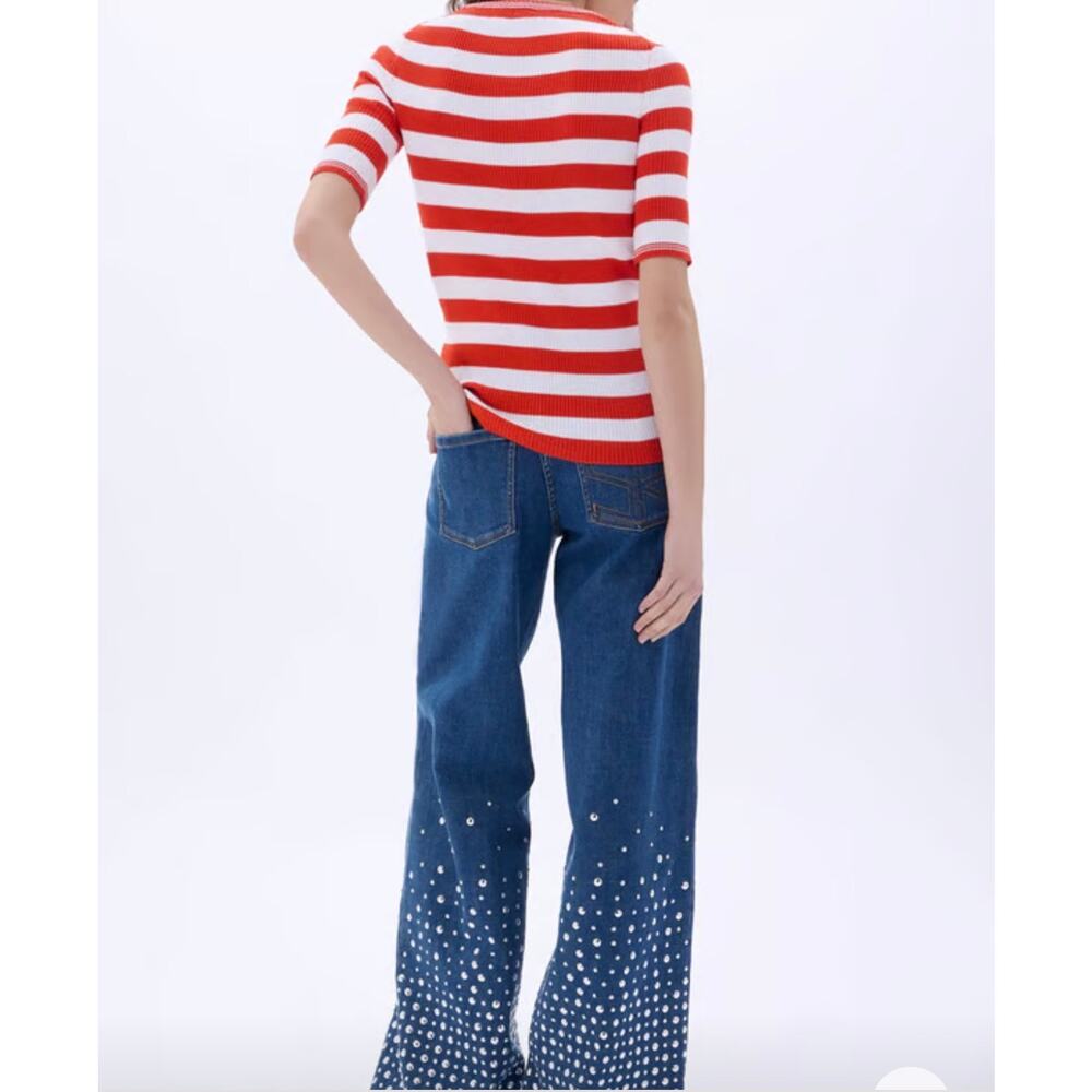 Sonia Rykiel Short Sleeve Stripe Sweater in Tangerine and White Stripe S - Picture 3 of 6